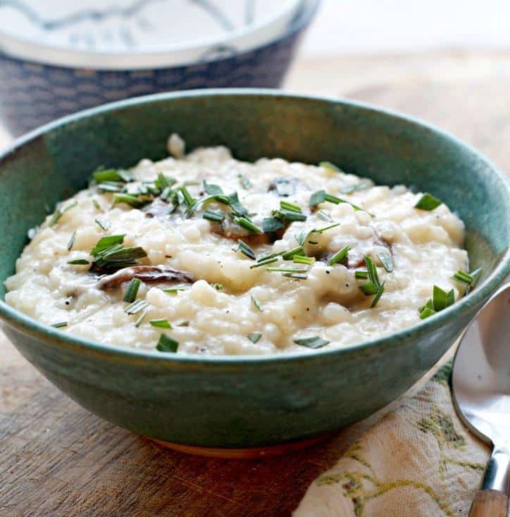 a close up side angle of Creamy No Stir Parmesan Mushroom Risotto