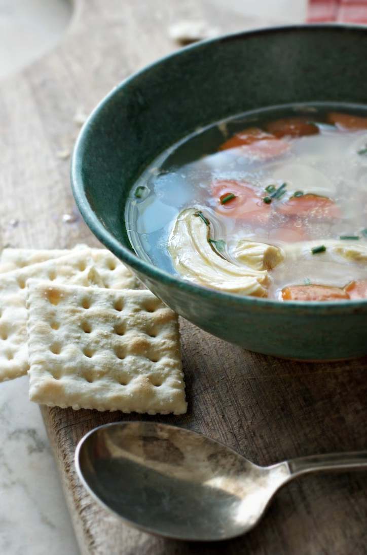 A close up view of THE SECRET TO THE BEST CHICKEN SOUP from the side