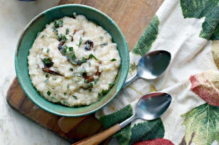 A close up overhead photo of Creamy No Stir Parmesan Mushroom Risotto