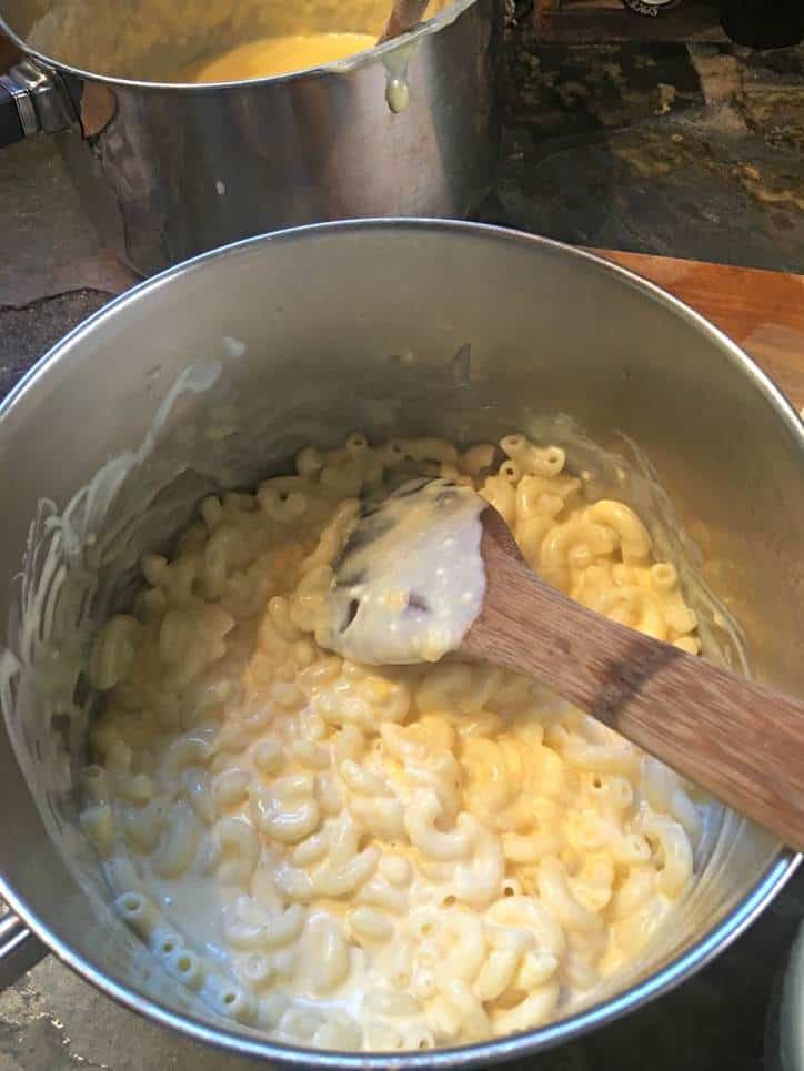 A pot of the sauced macaroni noodles