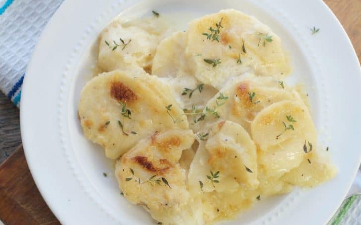 Close up overhead shot of THE SECRET TO PERFECT EVERY TIME AU GRATIN POTATOES