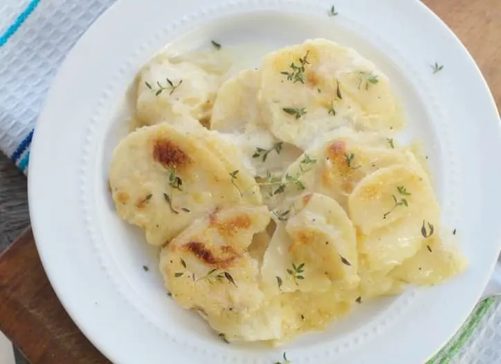 Close up overhead shot of THE SECRET TO PERFECT EVERY TIME AU GRATIN POTATOES