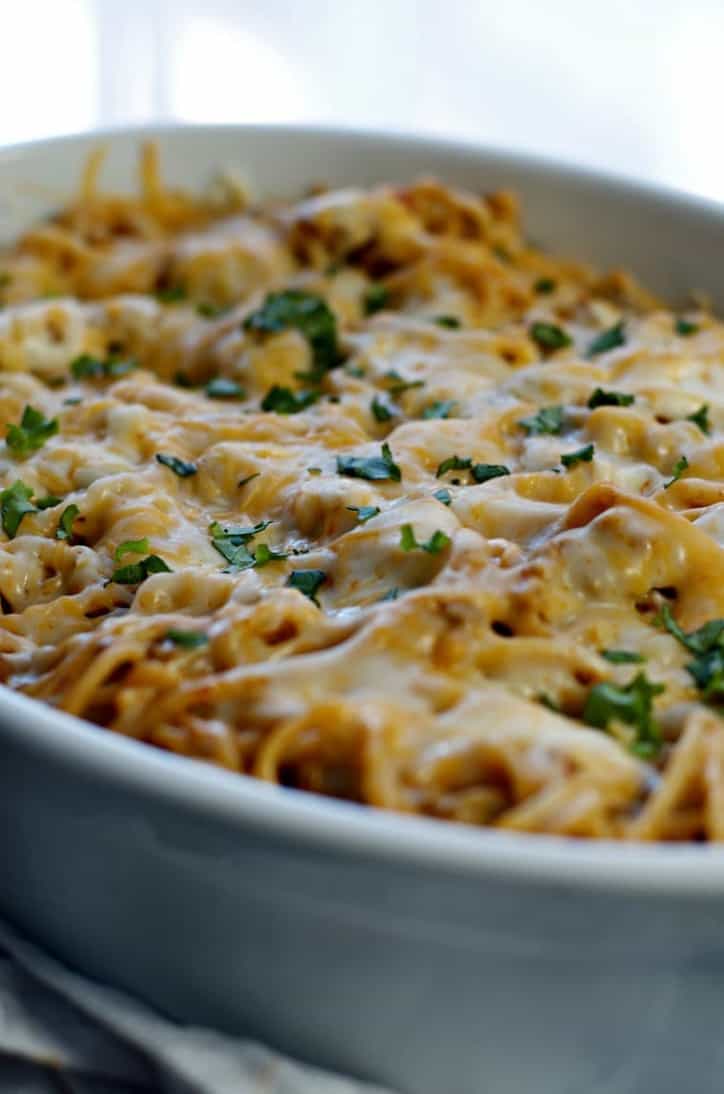 Close up photo of the cheesy top layer of the Cheesy Taco Spaghetti