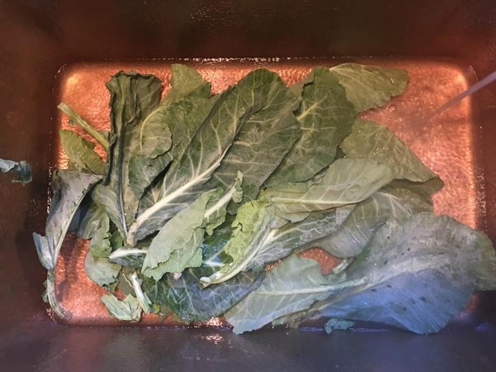 The collards first wash in the sink - getting ready to start swishing up and down and side to side.