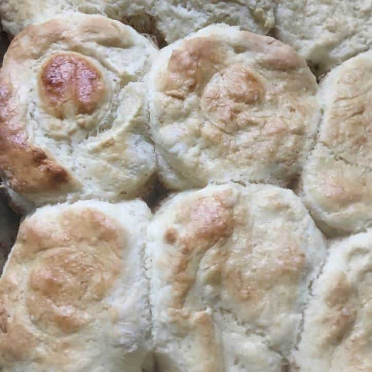 A close up photo of biscuits in the pan for THE SECRET TO PERFECT SOUTHERN BISCUITS