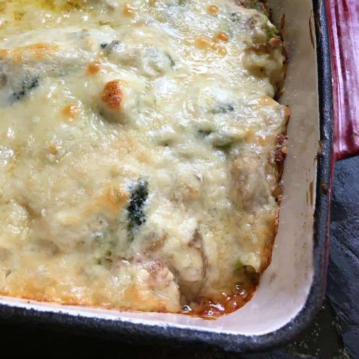 A photo of the bubbly browned edge of the baked potato casserole