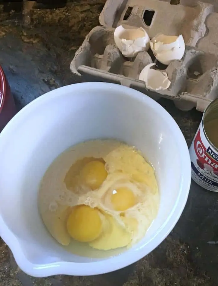 A photo of the eggs, evaporated milk and spices ready to be mixed together for easy baked macaroni and cheese