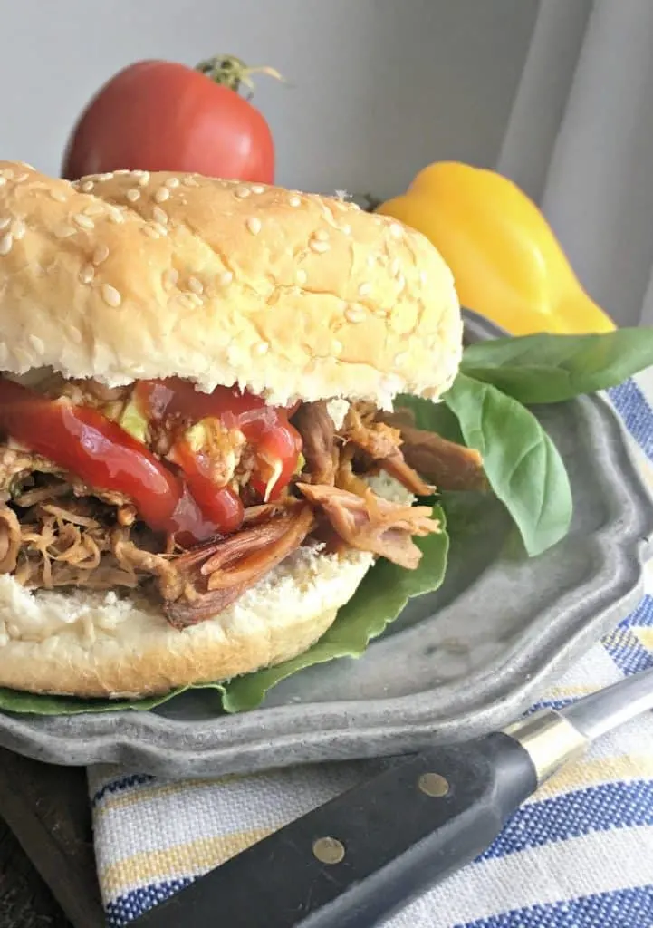 Up close photo of the side of a Lexington Style Crock Pot Pulled Pork Barbecue sandwich