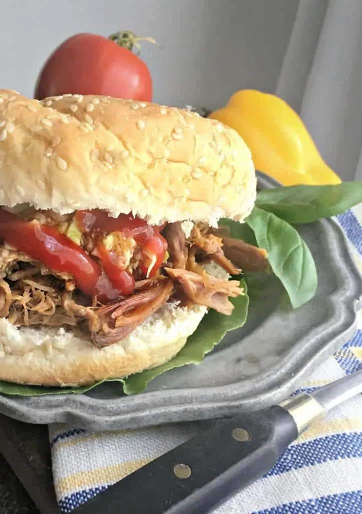 Up close photo of the side of a Lexington Style Crock Pot Pulled Pork Barbecue sandwich