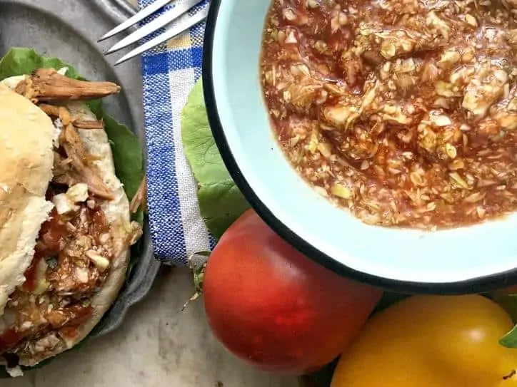 An overhead shot of Easy Southern Red Barbecue Slaw with bowl in the upper right corner