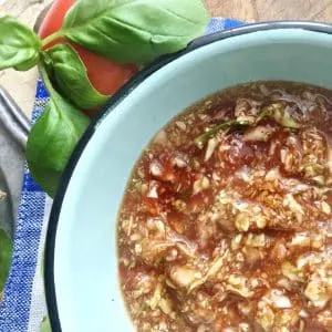 An overhead shot of Easy Southern Red Barbecue Slaw with bowl in the right bottom corner