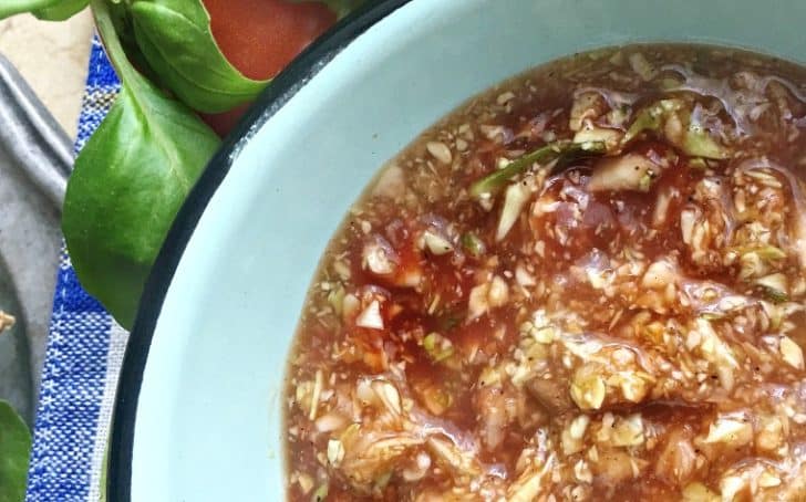 An overhead shot of Easy Southern Red Barbecue Slaw with bowl in the right bottom corner