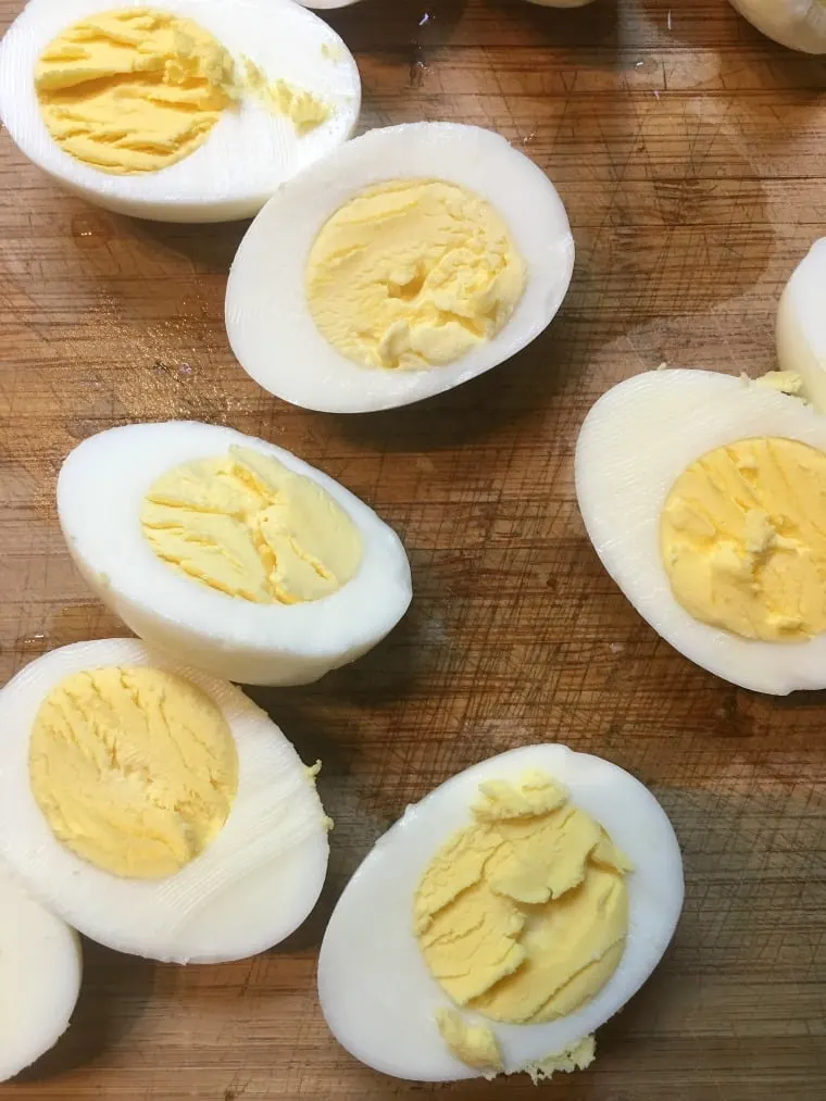 a photo of 6 egg halves cut in half for Southern Deviled Eggs