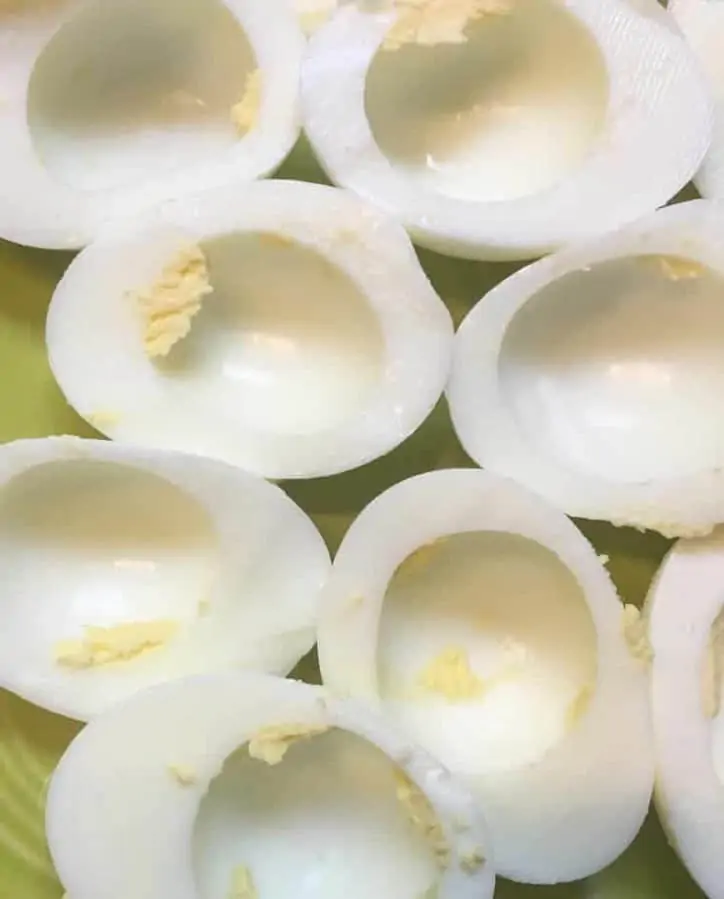 A photo of the empty boiled egg whites ready for filling.