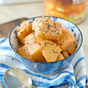 A close up photo from the front of How to Cook Canned Yams on the Stove