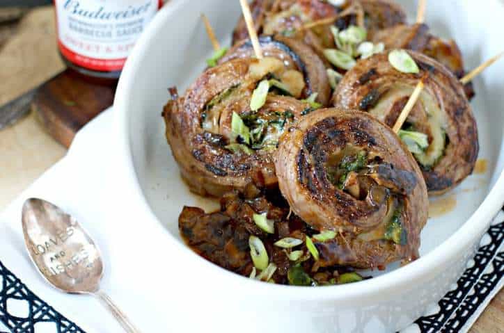 A view of the platter of barbecue flank steak roll ups in the platter