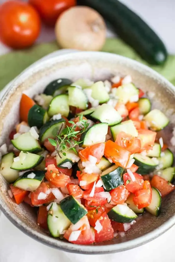 A close up view of Zesty Cucumber and Tomato Salad