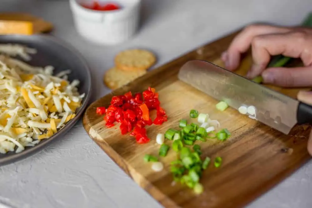 Chopping ingredients for Southern Hot Pimento Cheese