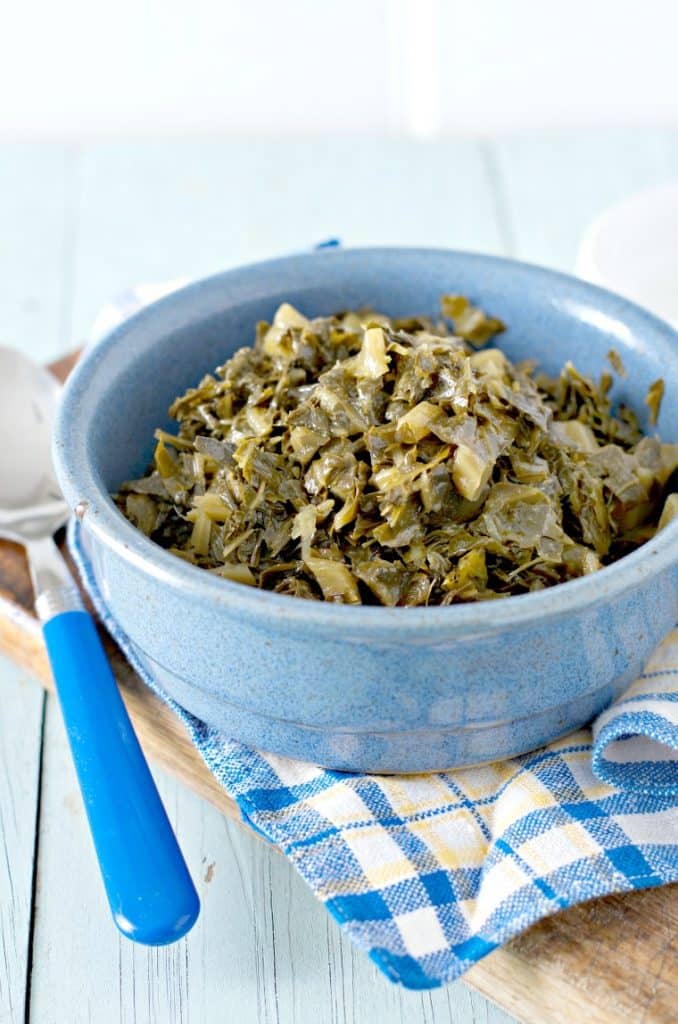 A close up photo from the side of HOW TO COOK CANNED COLLARD GREENS