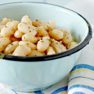 Close up shot of navy beans in blue bowl