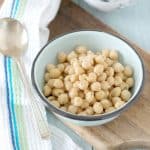 A bowl of canned chick peas from the front