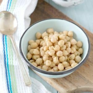 A bowl of canned chick peas from the front