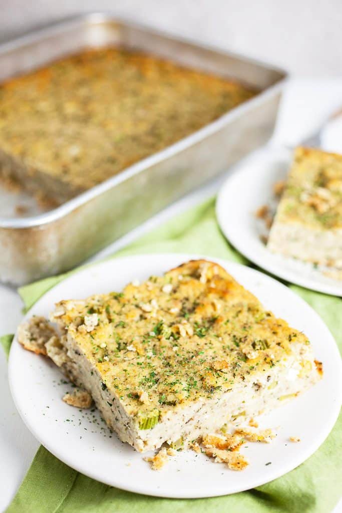 A pan of dressing plus a plate of dressing SOUTHERN CORNBREAD DRESSING