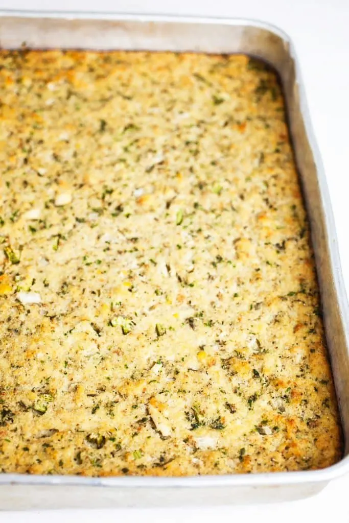 A finished pan of SOUTHERN CORNBREAD DRESSING