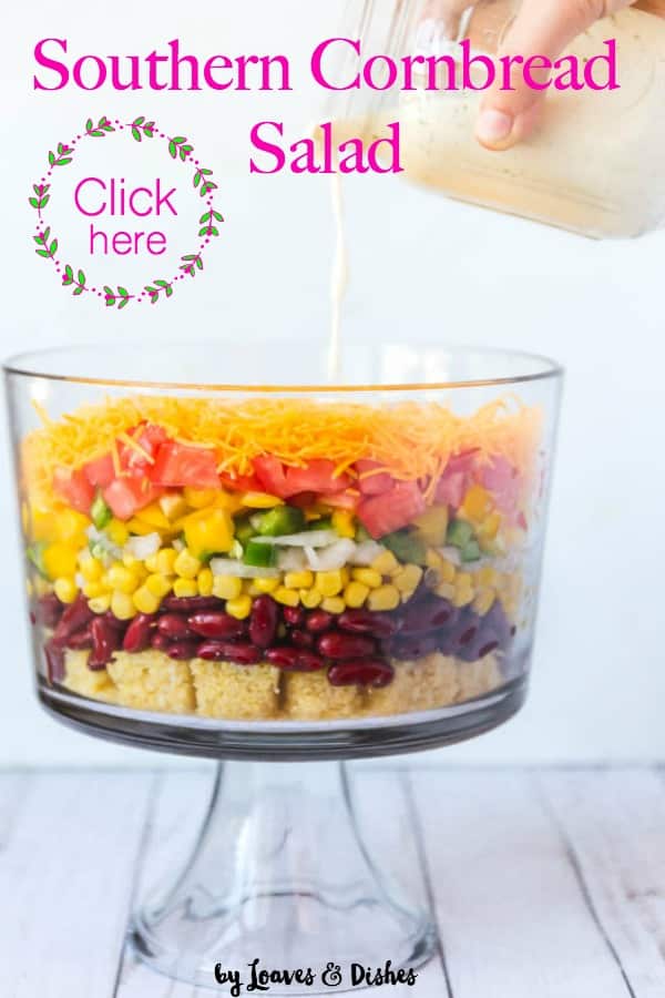 An easy, simple, delicious layered salad from my collection of deep south recipes. This is like a salad that Trisha Yearwood, Paula Deen or Pioneer Woman would make. Totally Southern flavor profile using Ranch Dressing and all of your favorite year round veggies. #cornbreadsalad #cornbread #salad #howtousecornbread #easysalad