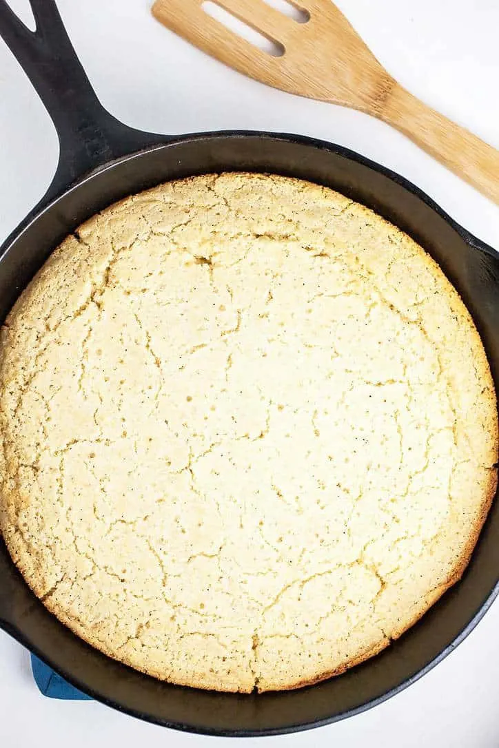 A top down view of a pan of southern cornbread