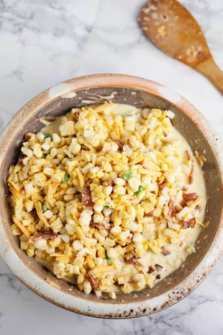 All the ingredients mixed together for Southern Scalloped Corn