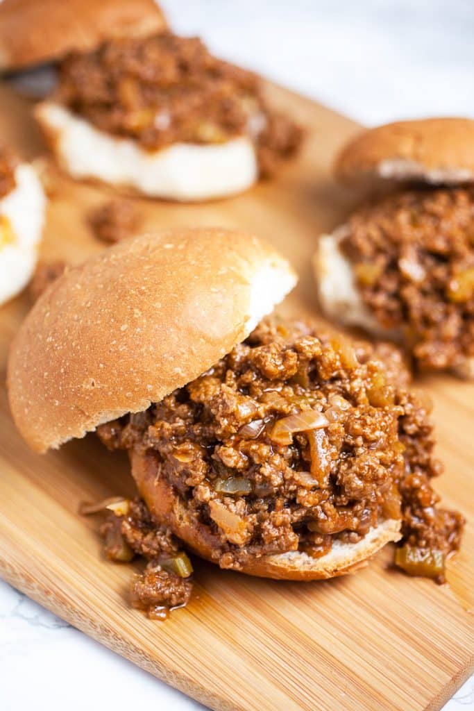 A slider but with homemade sloppy joe in the center on a cutting board