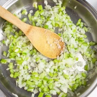 A photo of celery and onions in the pan for homemade sloppy joe sauce