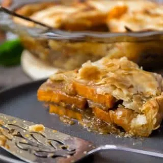 A side view of a slice of sweet potato cobbler