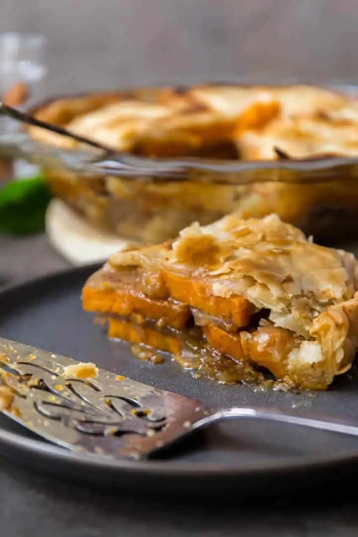 A side view of a slice of sweet potato cobbler