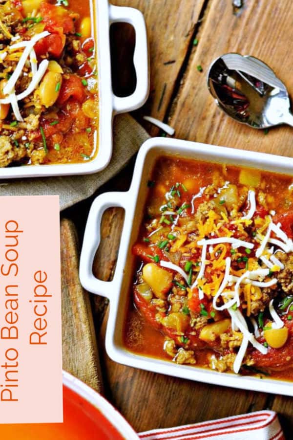 A simple healthy easy ground beef and sausage crockpot or slowcooker recipe for pinto bean soup. Lots of substitutions are given. Pioneer woman or Paula Deen would love this #beansoup #pintobeansoup #recipe #easyrecipe