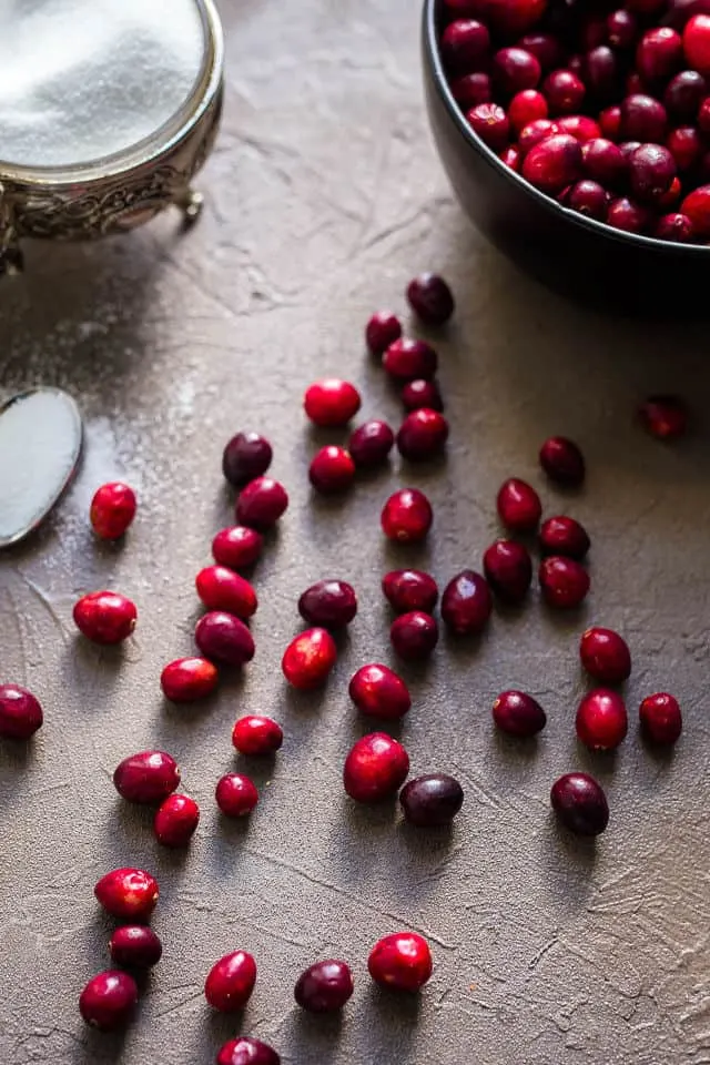 Fresh cranberries with white sugar bowl