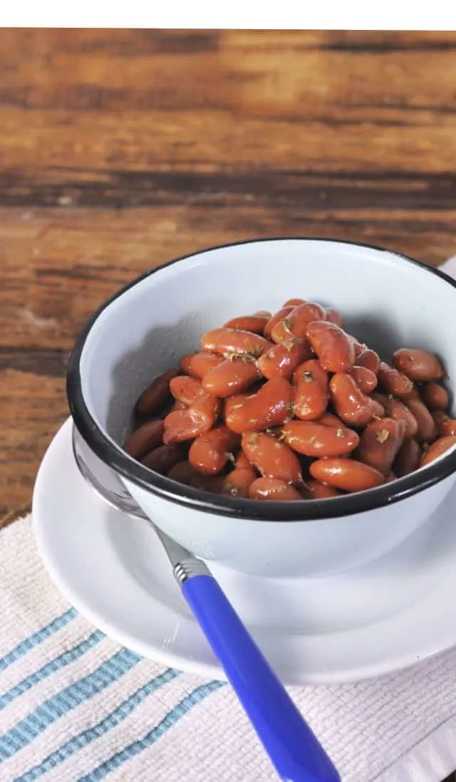 A photo of a blue bowl of kidney beans sitting on a white plate for how to cook canned kidney beans