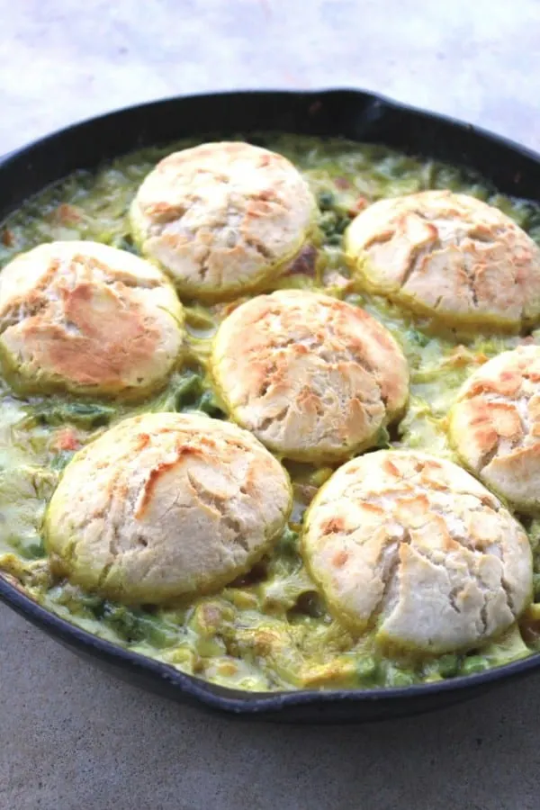 A cast iron skillet of pot pie with biscuits baked into the upper crust