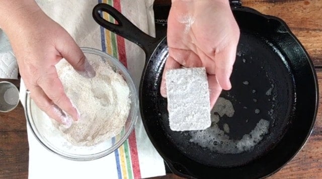 a slice of livermush breaded and ready to fry for how to cook scrapple