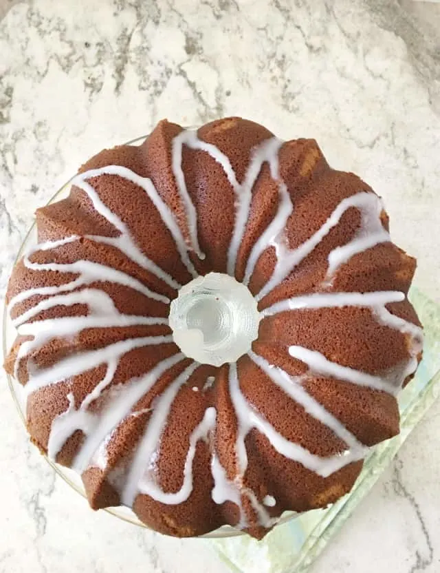 a view of the whole cake from above on marble background