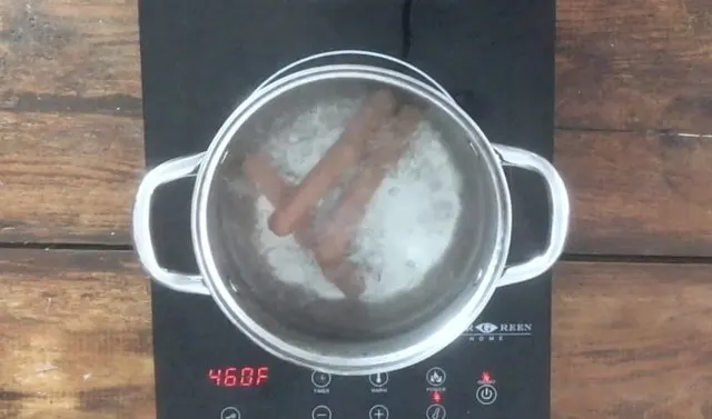 Sauce pan of full rolling boil with three submerged