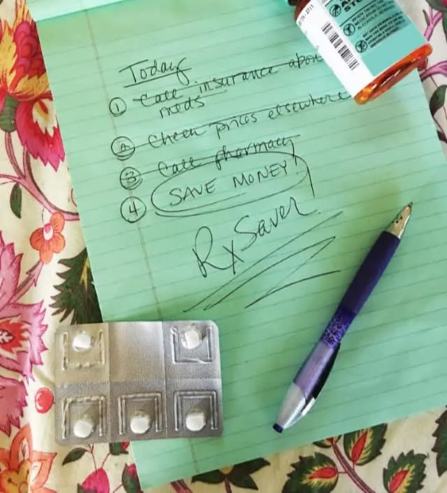 Green paper with list of things to do including RxSaver, pill bottle and pill packet
