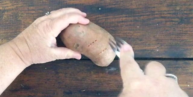 two hands poking holes in a sweet potato with a fork