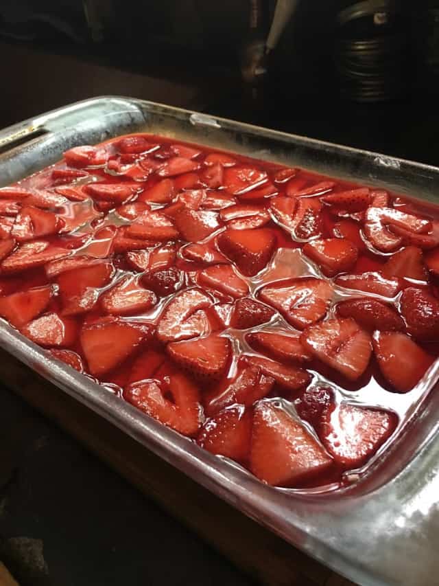 Pan of strawberry pretzel salad in baking dish ready for the fridge
