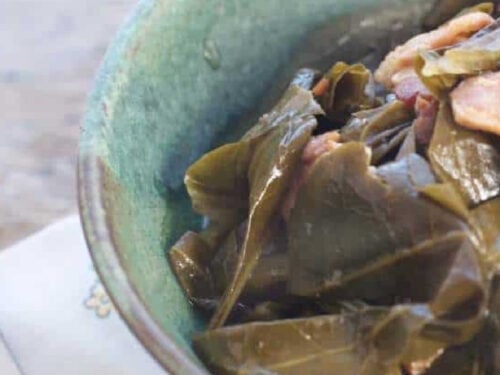 green bowl of collard greens.