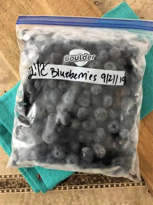 labeled quart size freezer bag of frozen blueberries