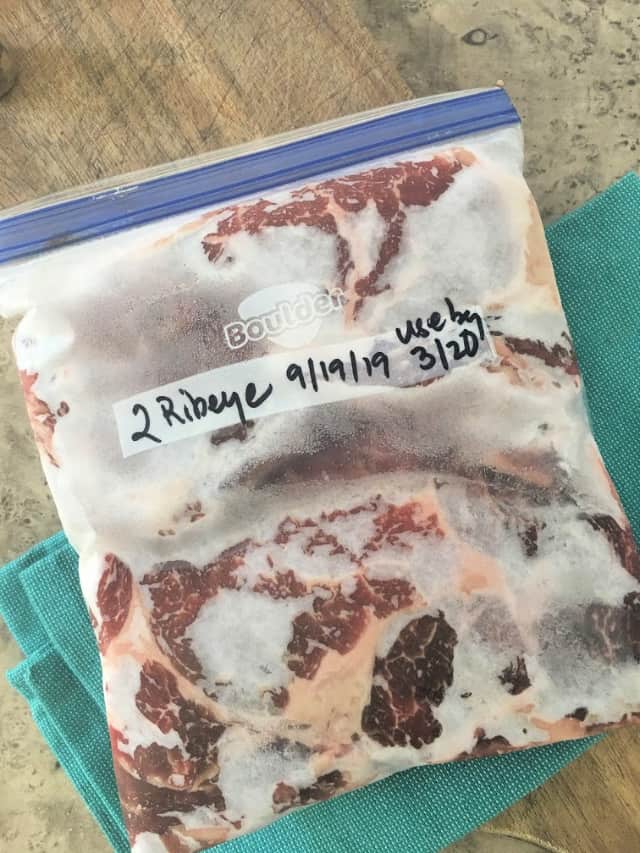 Quart size freezer bag of ribeye steak