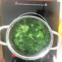 broccoli in a stock pot boiling on stove eye