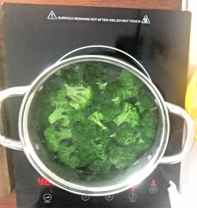 green vegetable in a stock pot boiling on stove eye